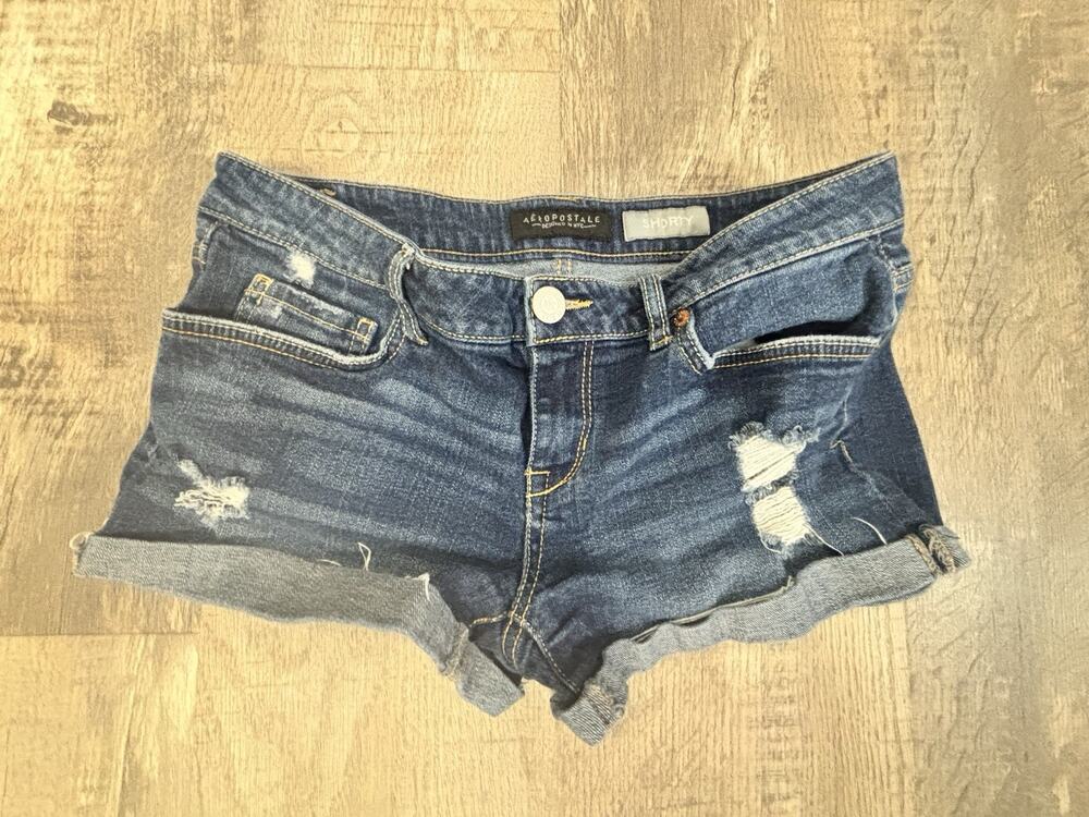 Aeropostale Shorty Denim Shorts Size 10 Dark Wash Cuffed Low Rise Ripped Jean